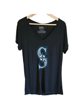 Majestic Threads Women’s Seattle Mariners T-Shirt Bamboo V-Neck Black Size Large